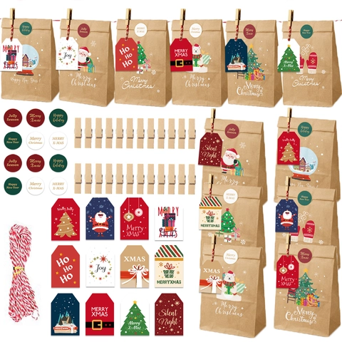 Christmas Advent Calendar Gift Bags Kraft Paper DIY Packaging Wood Clips Cotton Rope Paper Tags Stickers Merry Christmas