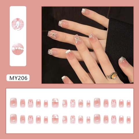 Butterfly Press On Nails Artificial Pearl Rhinestone French Pink Gradient Cat Eye Effect Square Round DIY Manicure Accessory