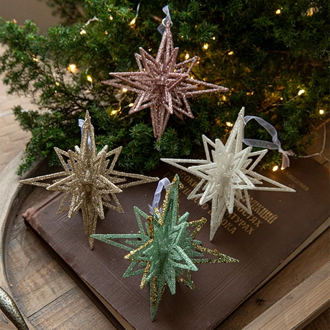 Ornamenti Appesi Stella Di Natale Plastica 3D Glitter Paillettes Per Albero Festa Casa Decorazione Festiva