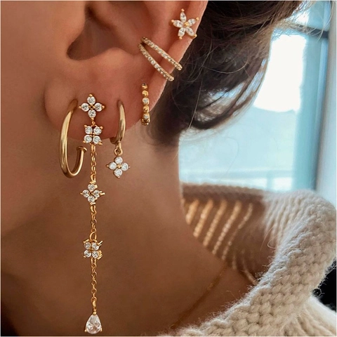 Flower Stud Earrings Gold Plated Cubic Zirconia Marquise Cut CZ With 925 Sterling Silver Earring Post Screw Back Piercing