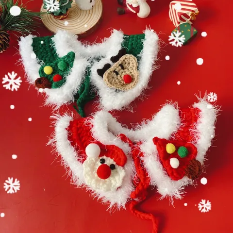 Pet Christmas Scarf Hand Crocheted Woolen Bib Cape With Santa Reindeer Plush For Small Dogs Cats Holiday Costume