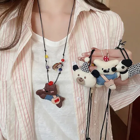 Collar Colgante Animal Peluche Oso Perro Tela Con Cuentas Cerámica Colores Borlas Dibujos Animados Cadena Larga Para Mujeres