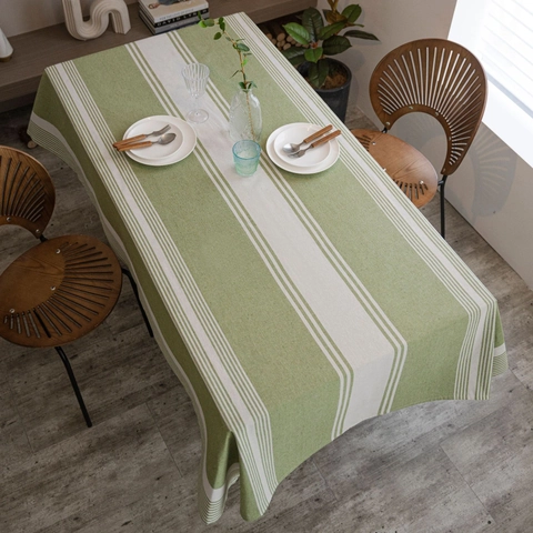 Striped Tablecloth Cotton Linen Blended Rectangular Round Dust-Proof Japanese Style Decor For Dining Table