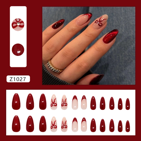 Wine Red Cat Eye Press On Nagels Amandelvorm French Tip Strikje Rhinestone ABS Glanzende Manicure Voor Vrouwen
