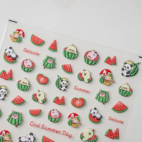 Autocollants Art Des Ongles Pastèque D'Été Relief Dessin Animé Panda Motif Fruit Auto-Adhésifs Manucure Décoration