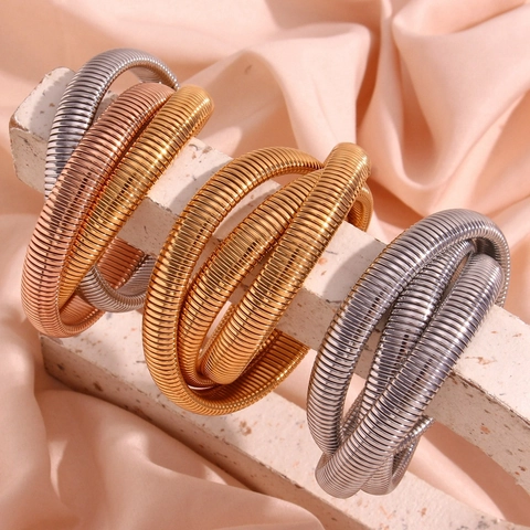 Minimalist Stainless Steel 3 Layer Wrap Snake Chain Bracelet 18K Gold Plated Tubogas Flexible Bangle For Women Fashion Jewelry