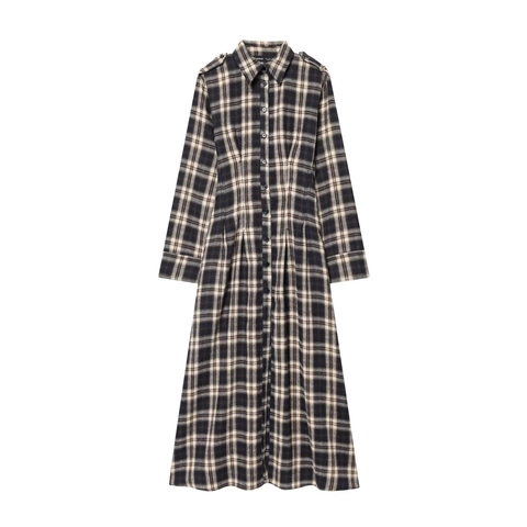 Vestido Camisero A Cuadros Manga Larga Mujer Botonadura Cintura Alta Plisado Vestido Midi Estilo Retro Casual Poliéster