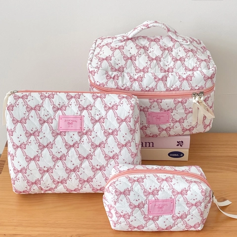 Quilted Makeup Bag Bow Print Polyester Cosmetic Pouch Travel Organizer Sweet Ins Style Zipper Closure For Women