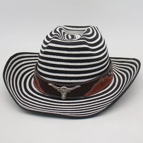 Western Straw Cowboy Hat Wide Brim Striped Sun Protection With Wind Rope Bull Head Metal Decor For Men Women