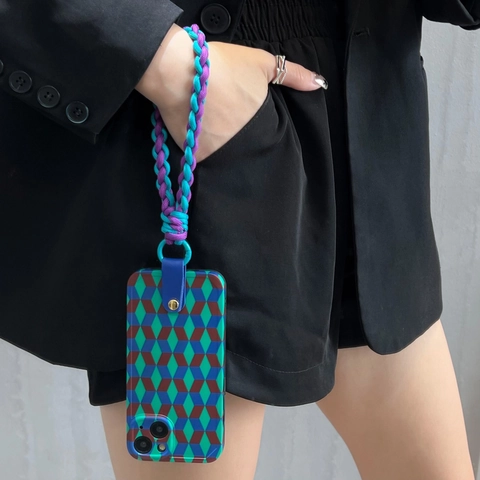 Geometric Cube Pattern Silicone Soft Phone Case With Woven Lanyard For iPhone 15 14 13 12 11 Pro Max Crossbody Strap Cover
