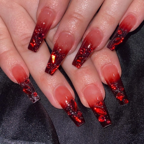 Lange Coffin Press On Nagels Rood Zwart Ombre Gradiënt Met Strass Glitter Halloween Gothic Kunstnagels
