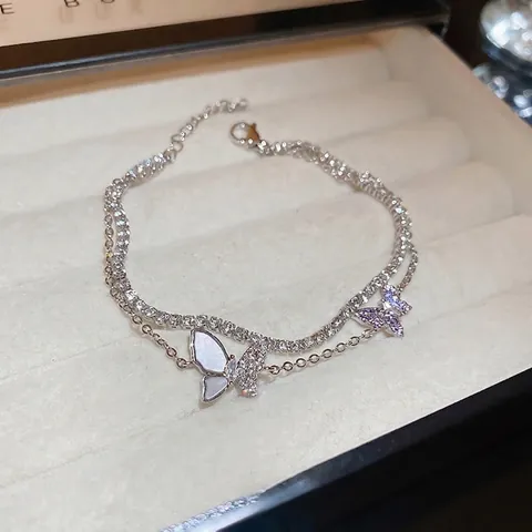 Bracelet Papillon Multicouche Cuivre Zircon Coquille Incrustée Chaîne Tennis Élégante Bijoux Mode Femmes