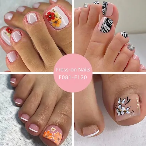 Faux Ongles Pieds À Presser Patchs Artificiels Motif Floral Marbre Pédicure Mode Accessoires Femme