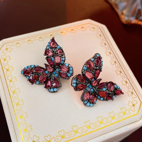 Vintage Butterfly Stud Earrings Zircon Rhinestone French Style Elegant Accessory Women With 925 Sterling Silver Earring Post