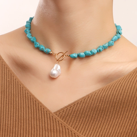 Collana Bohemien con Perline di Turchese Artificiale Irregolare Pendente Perla Artificiale Barocca Chiusura a T per Donna Gioielli Moda
