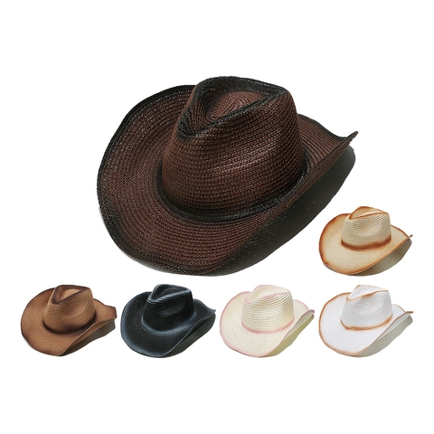 Western Cowboy Straw Hat Gradient Color Wide Brim Summer Beach Sun Protection Fedora With Windproof Rope For Men Women