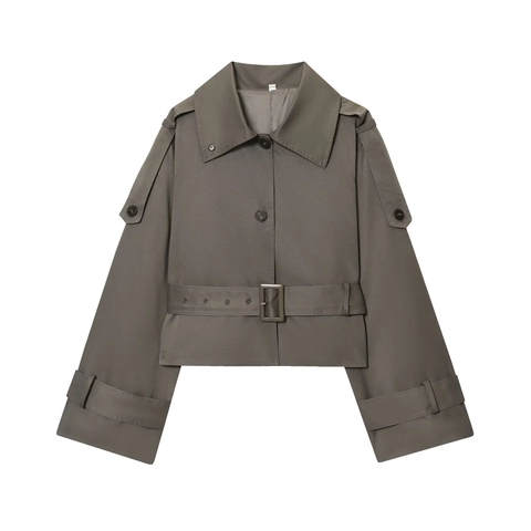 Women Short Trench Coat Jacket Big Lapel Polyester Twill Casual Fashion Elegant Outerwear With Belt And Epaulets