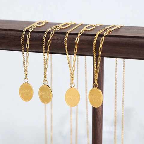 Collana Con Ciondolo Ovale Good Luck In Acciaio Al Titanio Placcato Oro Catena Mista Gioielli Da Donna