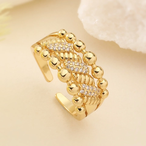 Fashion Copper Zirconia Geometric Open Ring For Women Adjustable Gold Plated Leaf Cross Layered Design Statement Finger Ring Jewelry