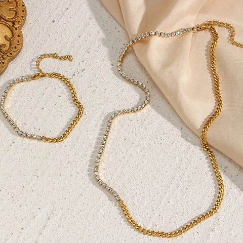 Spliced Cuban Link And Tennis Chain Necklace Bracelet Jewelry For Women Zircon 18K Gold Plated Stainless Steel
