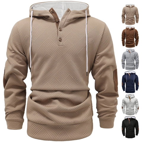 Felpa Con Cappuccio Uomo Poliestere Jacquard Texture Henley Bottoni Manica Lunga Casual Coulisse Toppe Gomiti