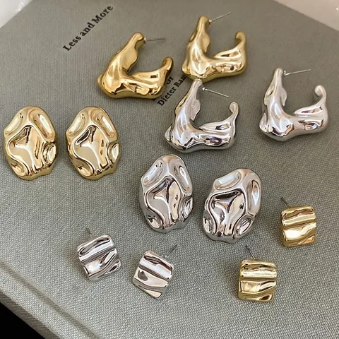 Irregular Lava Metal Texture Stud Earrings With Silver Earring Post Geometric Square Oval Liquid Style For Women