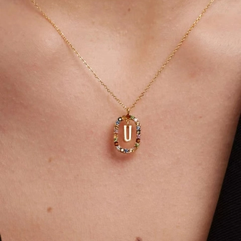 Kupfer Bunte Strass Englischer Buchstabe Anhänger Halskette Für Damen Vergoldet Initial Oval Rahmen Schlüsselbein Kette Schmuck Geschenk
