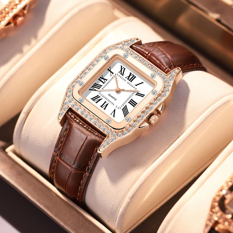 Women Quartz Watch Square Case Rhinestone Roman Numeral Dial Crocodile Leather Strap Elegant Vintage Fashionable Wristwatch