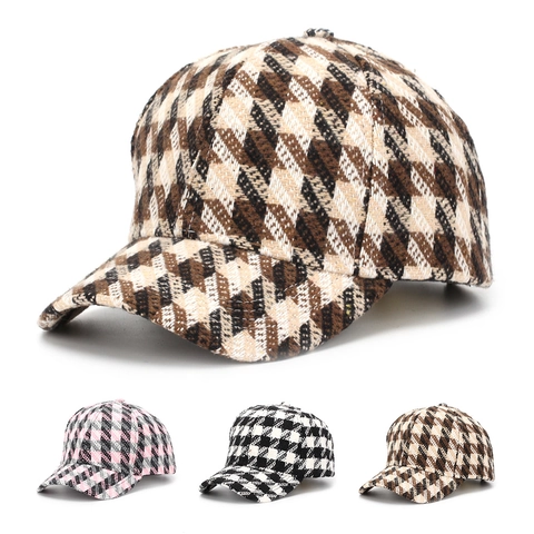 Retro Houndstooth Tweed Baseball Cap Herbst Winter Verstellbare Gebogene Krempe Sonnenschutz Mode Hut Für Damen Herren