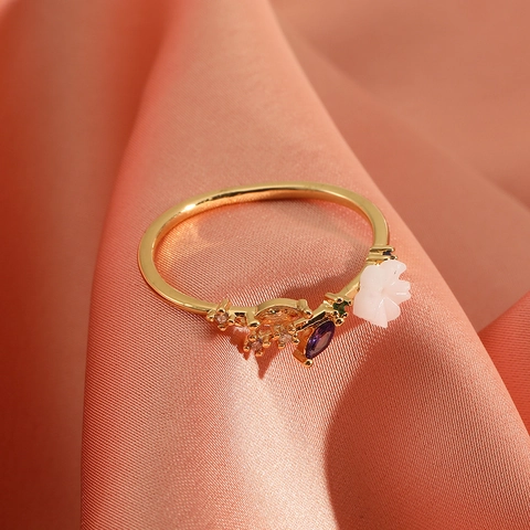 Fashion Adjustable Open Rings Copper Gold Plated Cubic Zirconia Flower Crown Heart Star Designs Sweet Elegant Jewelry For Women Girls