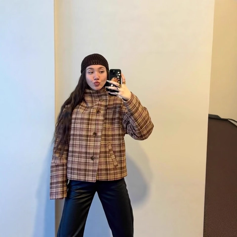 Women Vintage Plaid Woolen Jacket High Collar Warm British Style Retro Long Sleeve Single Breasted Button Coat