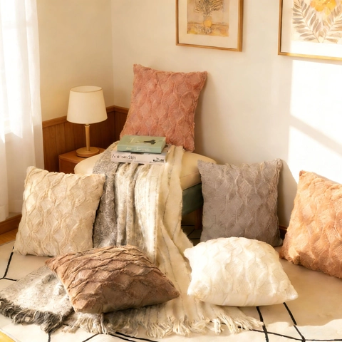 Plush Decorative Pillow Cover Faux Fur Soft Geometric Diamond Pattern Square Cushion Case For Sofa Couch Bedroom Home Decor