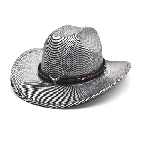 Western Cowboy Hat Cotton Polyester Metallic Stripe Wide Brim Bull Head Skull Rivet Band Jazz Fedora Party