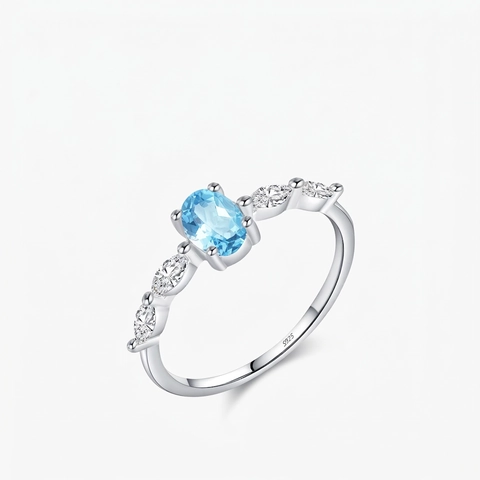 Elegante Anello In Argento Sterling 925 Con Cristallo Azzurro Ovale E Zirconi Marquise Gioiello In Stile Vintage Per Donna