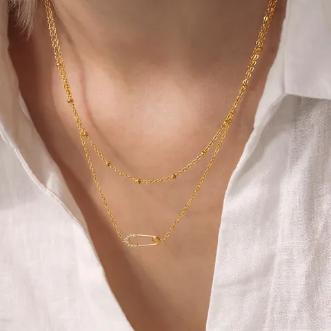 Safety Pin Pendant Necklace And Bracelet Stainless Steel Zircon Inlaid Double Layer Chain Elegant Fashion Jewelry For Women