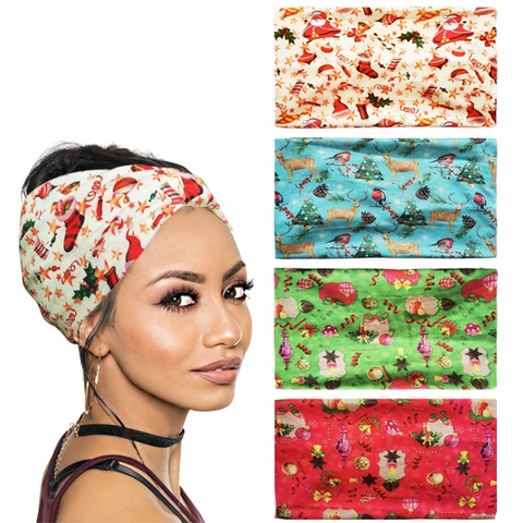 Christmas Headband Wide Elastic Hair Band Non Slip For Women Girls Holiday Party Santa Reindeer Print Fabric Headwrap