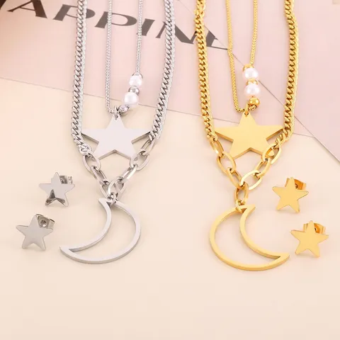 Stainless Steel Jewelry Pentagram Star Moon Pendant Multi Layer Necklace Stud Earrings With Artificial Pearl Women Fashion