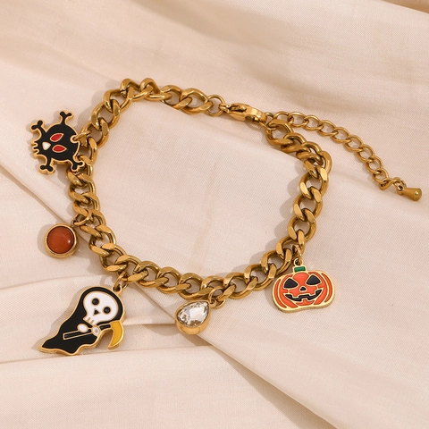Halloween Anhänger Armband Edelstahl Gold Plattiert Panzerkette Mit Kürbis Totenkopf Geist Emaille Für Damen