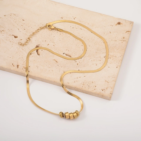 Collar Minimalista De Acero Inoxidable Con Cadena De Serpiente Para Mujer Y Colgante De Cuentas Cilíndricas Oro 18K