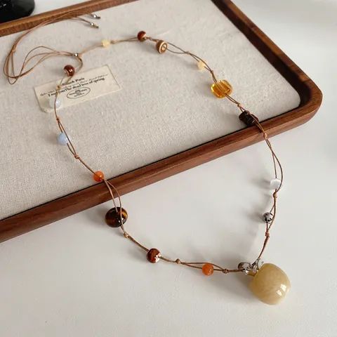 Collier Pendentif Pomme Perles Céramique Oeil De Tigre Longue Chaîne Pull Tissée Main Ethnique Vintage Bohème Femmes