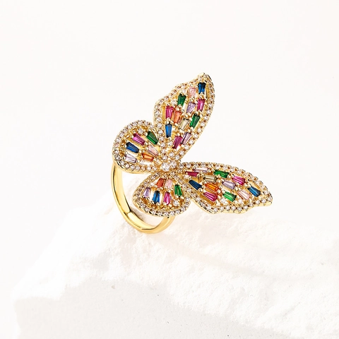 Anillo Aperto Regolabile Farfalla Rame Placcato Oro Zirconia Cubica Colorata Gioielli Di Moda Eleganti Per Donna