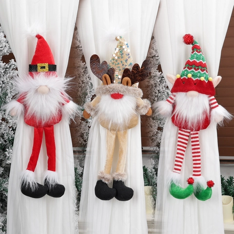Christmas Curtain Buckles Santa Reindeer Elf Gnome Plush Knit Holiday Window Decorative Tiebacks Home Party Decor Ornament