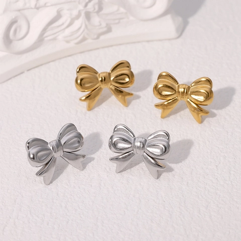 Bowknot Stud Earrings Stainless Steel 18K Gold Plated Minimalist Elegant Korean Style For Women