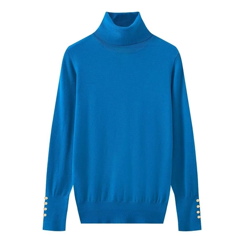 Women's Casual Turtleneck Knitted Sweater Long Sleeve Soft Warm Pullover Top With Decorative Gold Buttons On Cuffs Winter Jumper