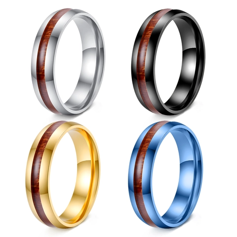 Stainless Steel Ring With Wood Inlay Comfort Fit Band Polished Fashion Jewelry For Men Women