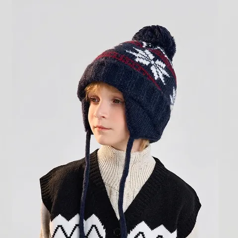 Kinder Winter Strickmütze Mit Ohrenklappen Nylon Warm Winddicht Pompon Schneeflocken Muster Für Jungen Mädchen