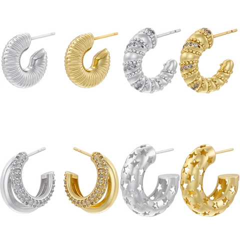 Vintage Brass C-Shape Stud Earrings Hollow Star Spiral Texture Personalized Geometric Earrings With Zircon For Women