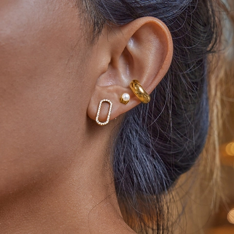 Orecchini A Lobo Con Künstliche Perle E Ear Cuff Da Donna Strass Geometrico Placcato Oro Perno In Acciaio Inossidabile Gioielli
