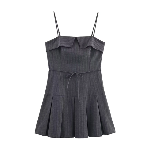 Elegante Gestreept Mini Jurk Voor Dames Spaghettibandjes Geplooide Zoom Riem Met Strik Mode