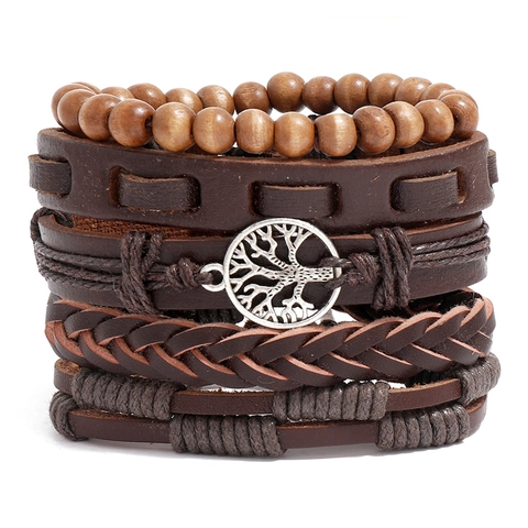 Handmade Retro Punk Multi-Layer PU Leather Bracelets With Tree Of Life Alloy Pendant Wood Beads Wax Cord For Men Women